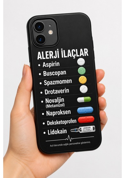 İlaç Takip Telefon Kılıfı Sabah Öğle Akşam İlaç Programı Baskılı Kılıf Kişiye Özel Tasarım Siyah