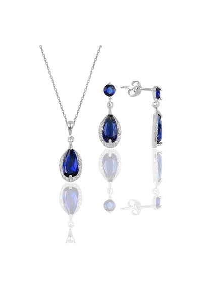 Gümüş Rodyumlu Safir Taşlı Damla Modeli Kolye Ve Küpe İkili Set