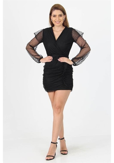 Neşeli Butik Kadın Tül Kruvaze Yaka Yanları Büzgülü Yeni Sezon Mini Elbise Nb10002 Siyah