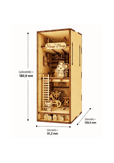 Mouse House Diorama Book Nook Ahşap Maket Seti Dıy Miniatür Fare Evi Peri Led'li Kitaplık Dekoru