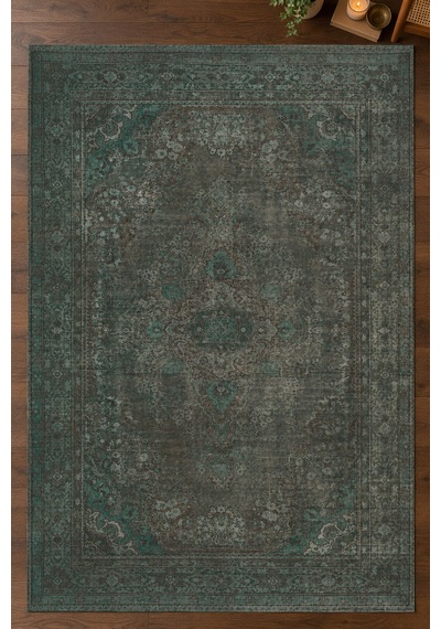 Artloop İstanbul Koyu Yeşil Vintage Desenli Dokuma Tabanlı Şönil Halı Al 649