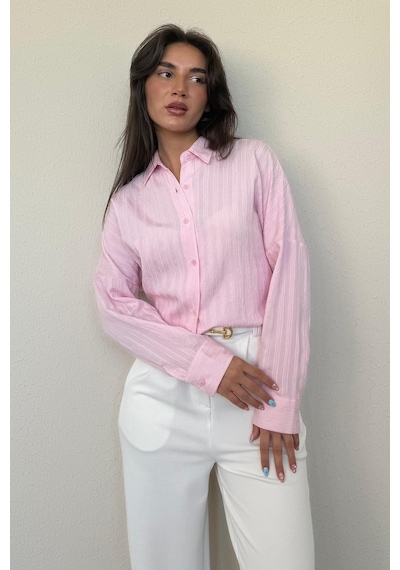 Madmext Pembe Uzun Kollu Çizgili Oversize Gömlek Mg2080 Pembe