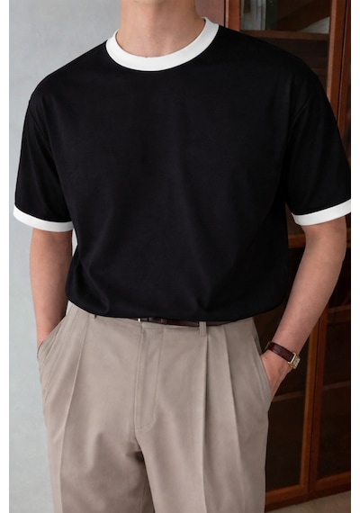 Tarz Cool Erkek Kontrast Yaka Basic Tişört Modern Ve Şık T-shirt Siyah