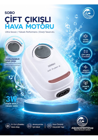 Akvaryum Hava Motoru - Çift Çıkışlı - Ultra Sessiz - Ayarlanabilir Hava Çıkışı - Ar-10 - 3w - 2x3.4lt/dakika