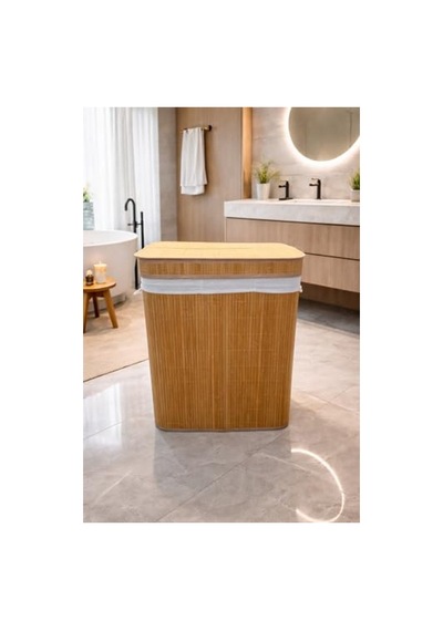 Bambu 3 Bölmeli Çamaşır Sepeti, 52x32x60 Cm Boyutunda Açık Bej