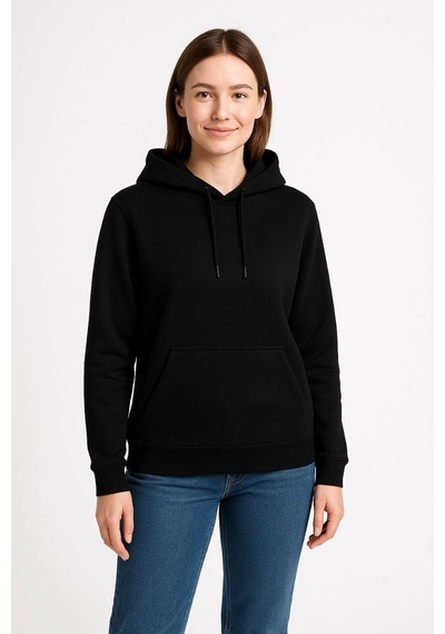 Primemagazam Kadın 3 İplik Pamuklu Kapüşonlu Kanguru Cepli Sweatshirt Hoodie - Siyah Çeşitli