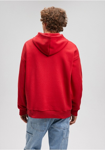 Erkek Mavi Logo Baskılı Kapüşonlu Sweatshirt-kırmızı Kırmızı