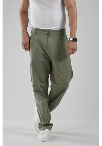 Baggy Fit Kalıp Pamuklu Keten Pantolon Haki