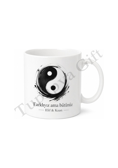 Yin Yang Temalı Kupa Seti Baskılı Porselen Bardak Hediye Beyaz / Çok Renkli