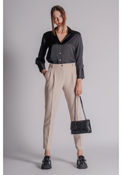 Braccas Kadın Yandan Cepli Arka Cep Fleto Beli Lastikli Ve Pilili Slim Fit Pantolon Taş Taş