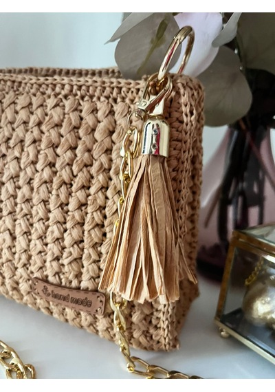 El Yapımı Örgü Kağıt İp Kadın Clutch Çanta Zincir Askılı Bej