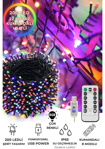 Technojet 200 Ledli Usbli Kumandalı 8 Modlu Şerit Led Işık Parti Süsleme Organizasyon