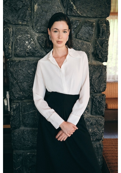 Sateen Aksesuarlı Klasik Gömlek - Ekru-136483 Ekru
