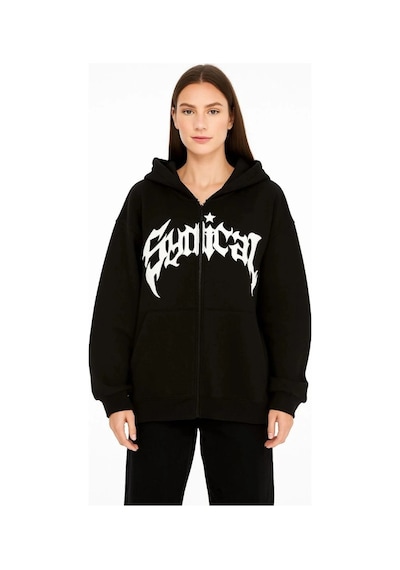 Freedom Storee Kadın Kapüşonlu 3 İplik Şardonlu Önü Baskılı Fermuarlı Oversize Sweatshirt - Siyah Çok Renkli