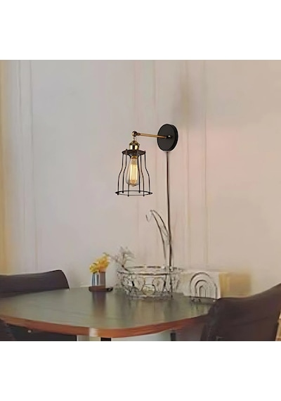 Riolight Vintage1,rustik1,retro1 Siyah Kafes 1xe27 Duylu Kablolu Fişli Anahtarlı Metal Duvar Aplik Rio Light