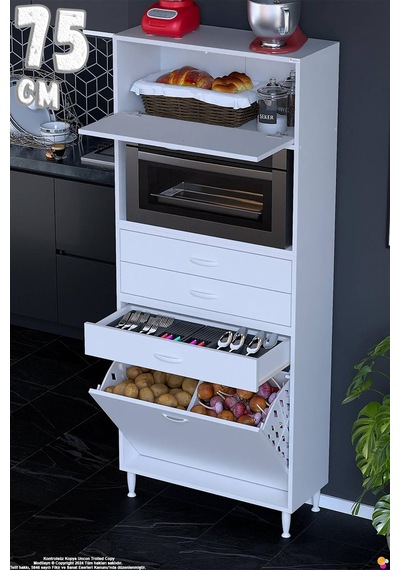 Asaf 75 Cm 2 Göz Sepetli Beyaz Mutfak Dolabı Tek Kapaklı Kahve Köşesi Organizer Dolap 75x194x32 Cm