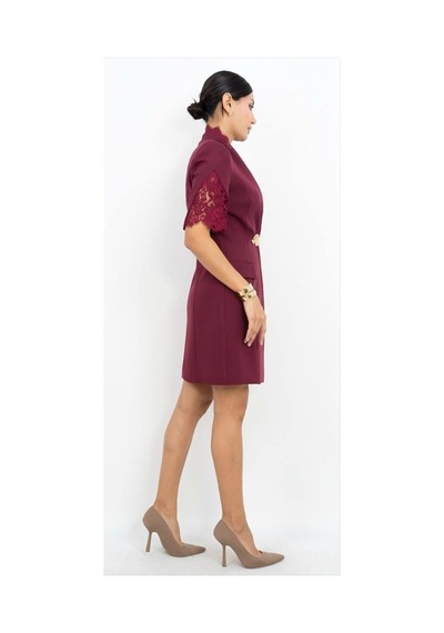 Dorne Moda Dantel Detaylı Hakim Yaka Mini Elbise Kırmızı Kırmızı