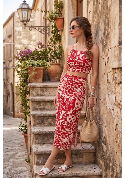 Lela Slim Fit Ip Askılı Yırtmaçlı Midi Alt-Üst Bayan Takım 5865726 Bordo