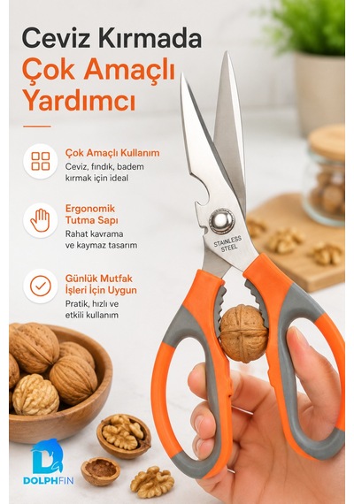 Çok Amaçlı Mutfak Makası Paslanmaz Çelik Ceviz Kıracaklı Turuncu Gri