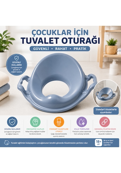 Ergonomik Kulplu Çocuk Klozet Adaptörü Kaymaz Ve Konforlu Tuvalet Oturağı Mavi