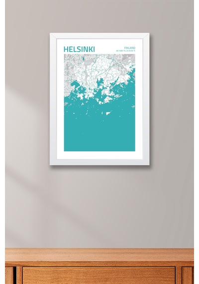 Helsinki Finlandiya Finland Haritası Çerçeveli Tablo Lüks Salon Ofis Duvar Dekorasyonu Tablo Beyaz