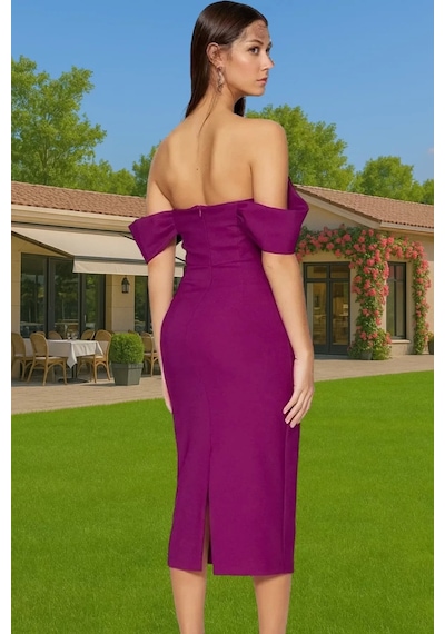 Ersefa Moda Fit Mezuniyet Balo Finike Dokuma Carmen Yaka Kısa Kol Bodyco Mor