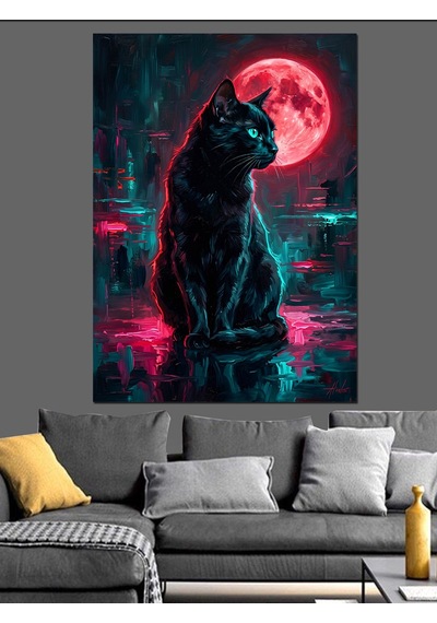 Dolunay Altında Neon Kara Kedi Dekoratif Kanvas - Mdf Ahşap Tablo