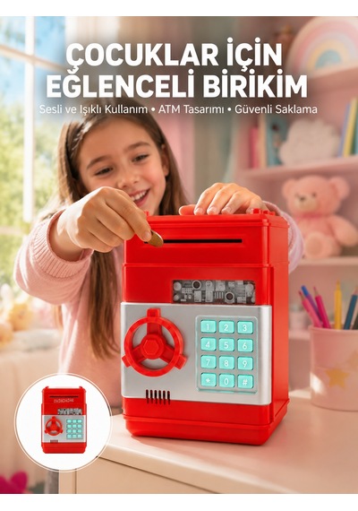Şifreli Kırmızı Atm Tasarımlı Çelik Kasa Görünümlü Kumbara - Lisinya