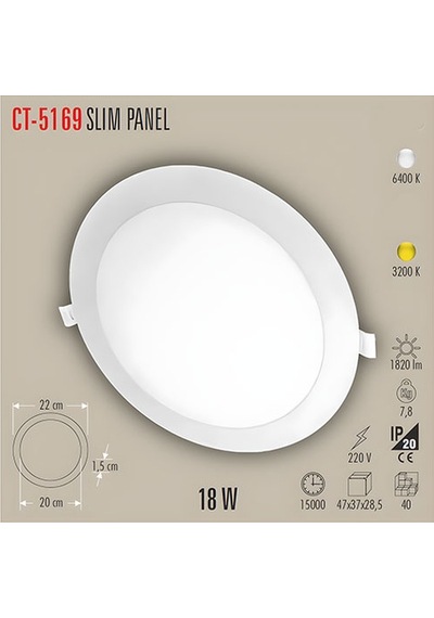 Cata Slim Led Panel S/a Yuvarlak 18w Günışığı Ct-5169g Beyaz