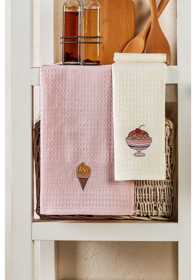 Eponj Home 6lı Kurulama Peçetesi Nakışlı 40x60 Dondurma Pembe-krem