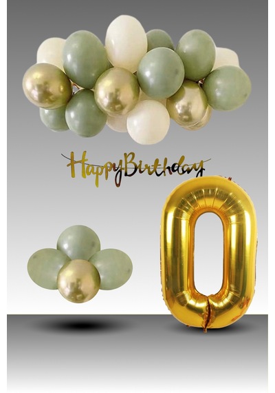 0 Yaş Retro Krom Gold Küf Yeşili Kum Beji Balon Happy Birthday Banner Gold Rakam Doğum Günü Süsleme Çok Renkli