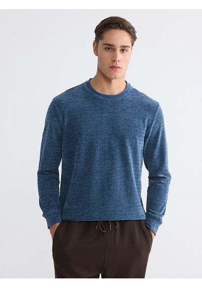 Lcwaıkıkı Classic İndigo Bisiklet Yaka Dokulu Erkek Sweatshirt