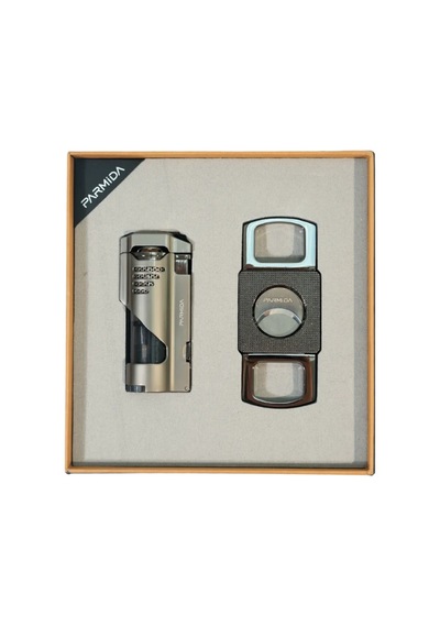 Parmida 3 Torch Gunmetal Çakmak Gunmetal Kesici İkili Puro Seti Tr9848