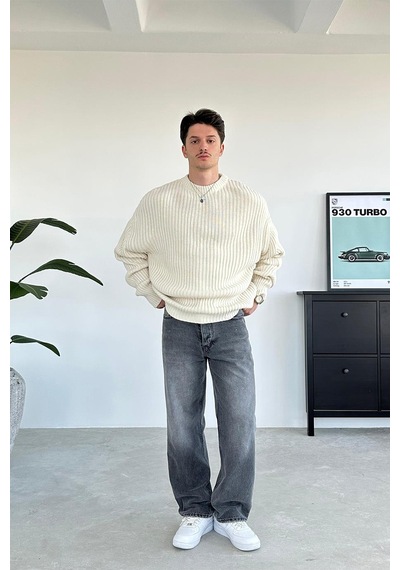 Krem Bisiklet Yaka Fitilli Oversize Triko Kazak Krem