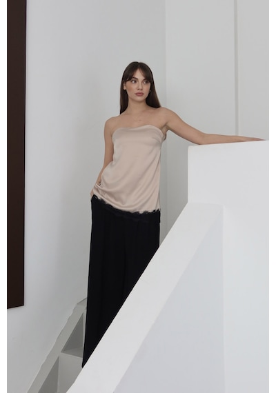 Verymoda Dantelli Straplez Saten Bluz - D2941 Taş