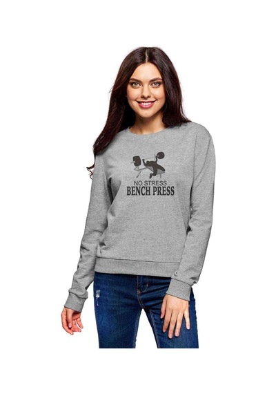 No Stress Bench Press Baskılı Gri Kadın Sweatshirt