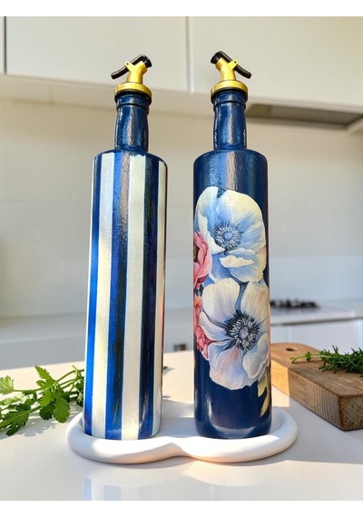 750 Ml Büyük Boy El Yapımı Cam Yağdanlık Sirkelik 2'li Set Çiçek Desenli Ve Çizgili Dekoratif Zeyt Mavi Ve Beyaz