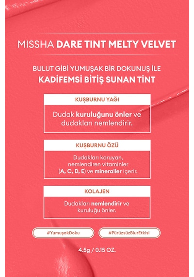 Uzun Süre Kalıcı Bulaşma Yapmayan Kadifemsi Bitiş Sunan Tint Dare Tint Melty Velvet Rosy Cloud 0