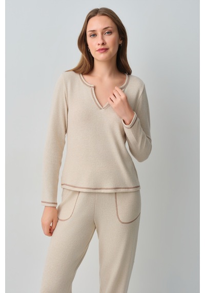 Suwen Comfort V Yaka Pijama Takımı Wsh105100931563 Krem Melanj