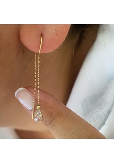 Beyaz Damla Taşlı 14k Altın Zincir Küpe