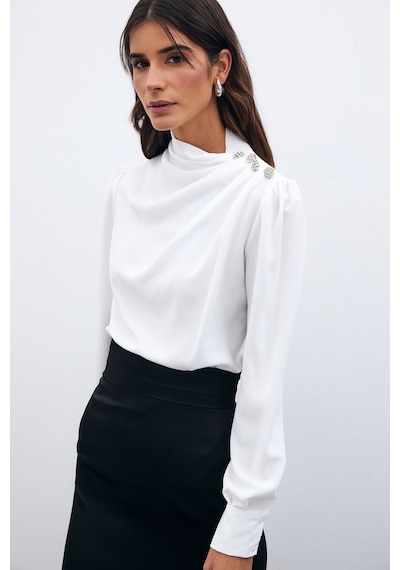 Sateen Düğmeleri Taş Detaylı Bluz - Ekru