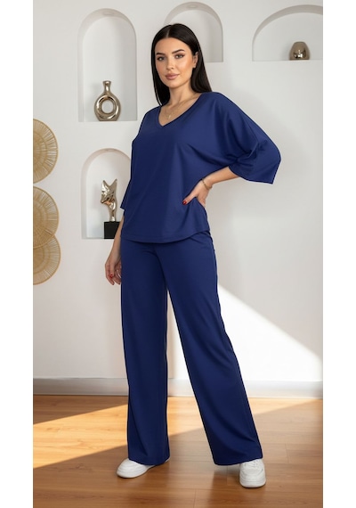 Divinus Bol Kesim V Yaka Yarım Kollu Pijama Takımı Lacivert