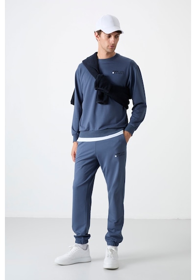 Tommy Life Petrol Casual O Yaka Lastik Paça Pamuklu Erkek Oversize Eşofman Takımı - 85120 Petrol