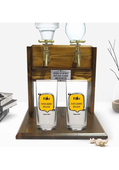 Kişiye Özel Renkli Baskılı En Kötü Günümüz Böyle Olsun Tasarımlı İkili Rakı Bardağı Ve Çift Musluklu Doğal Ahşap Rakı Standı-3