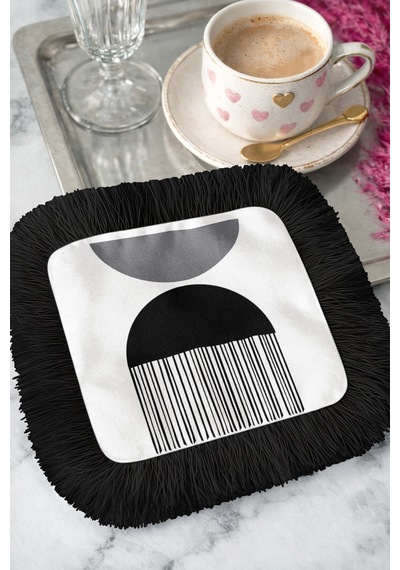 Geometrik Modern Stil Saçaklı Sunum Peçetesi - Minimalist Siyah Beyaz Etnik Bardak Altlığı Mendil Çok Renkli