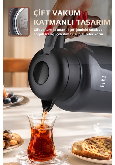 Neoflam Fika Paeta Çift Katmanlı Sızdırmaz Kapaklı Çelik Orta Boy Sürahi Termos 1300 Ml Antrasit