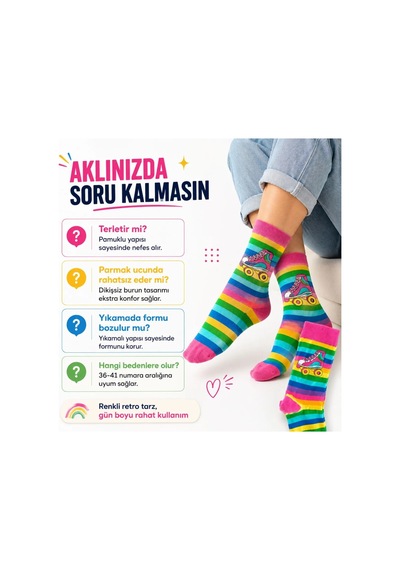 DS Wak Gökkuşağı Çizgili Retro Paten Desenli Soket Çorap Pamuklu Dikişsiz Burun 36-40 Numara Uzun Konç Çok Renkli DS Wak Gökkuşağı Çizgili Retro Paten Desenli Soket Çorap Pamuklu Dikişsiz Burun 36-40 Numara Uzun Konç Çok Renkli