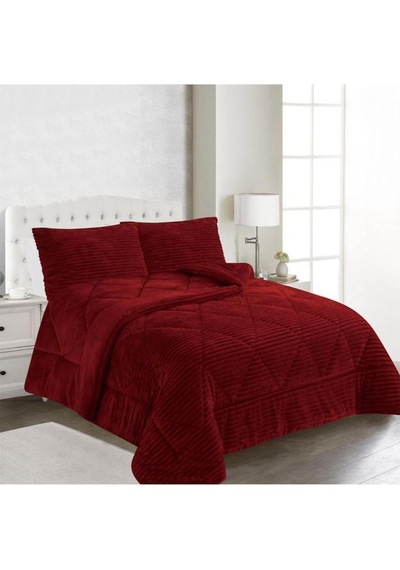 Ece Stripe Çift Kişilik Pelüş Yatak Örtüsü Bordo Bordo