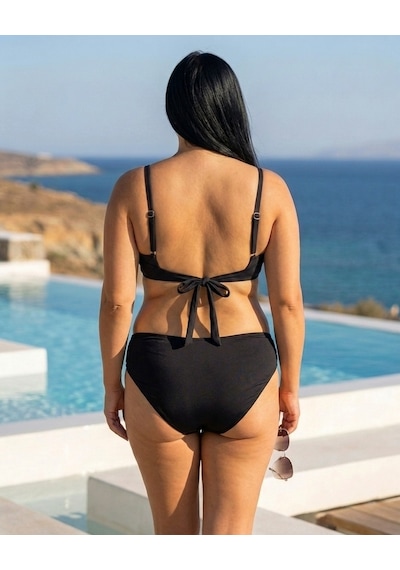 Büyük Beden Balenli Klasik Kesim Toparlayıcı Yüksek Bel Kadın Bikini Takım Siyah