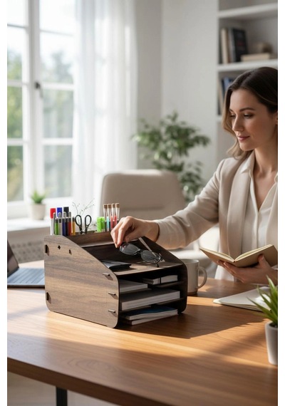 Evrak Rafı Masaüstü Medium Organizer Ceviz Desenli 3mm Mdf Kemençe